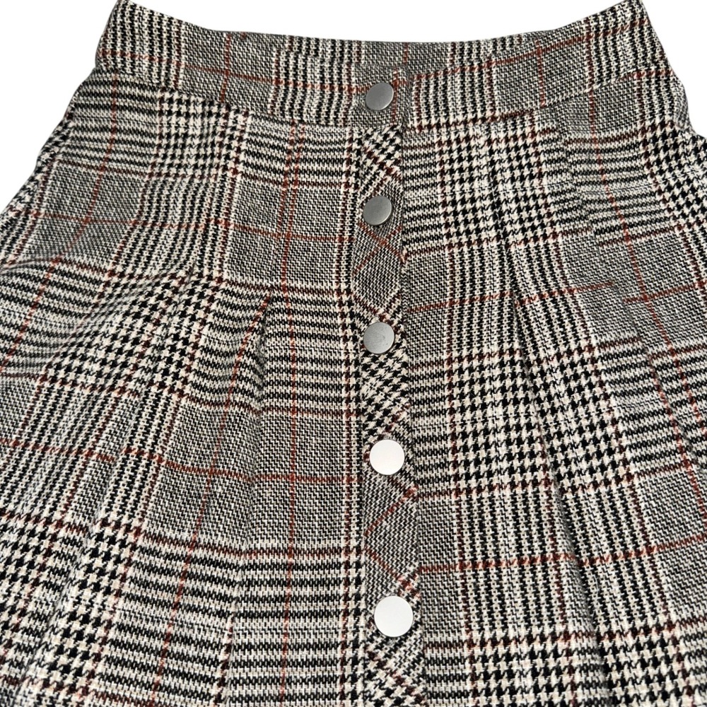 New XS Plaid Thick Knit Pleated Mini Skirt Button Front Glen Check Brown Grey - Picture 3 of 4